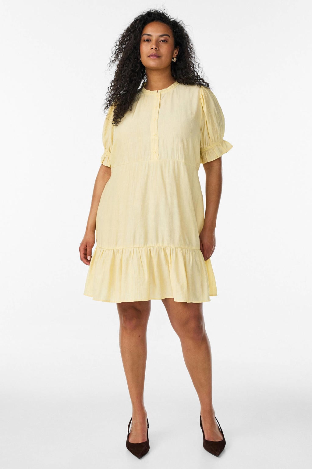 Gele dames Zizzi viscose blousejurk Plus Size met effen, korte mouwen, opstaande kraag en elastische tailleband