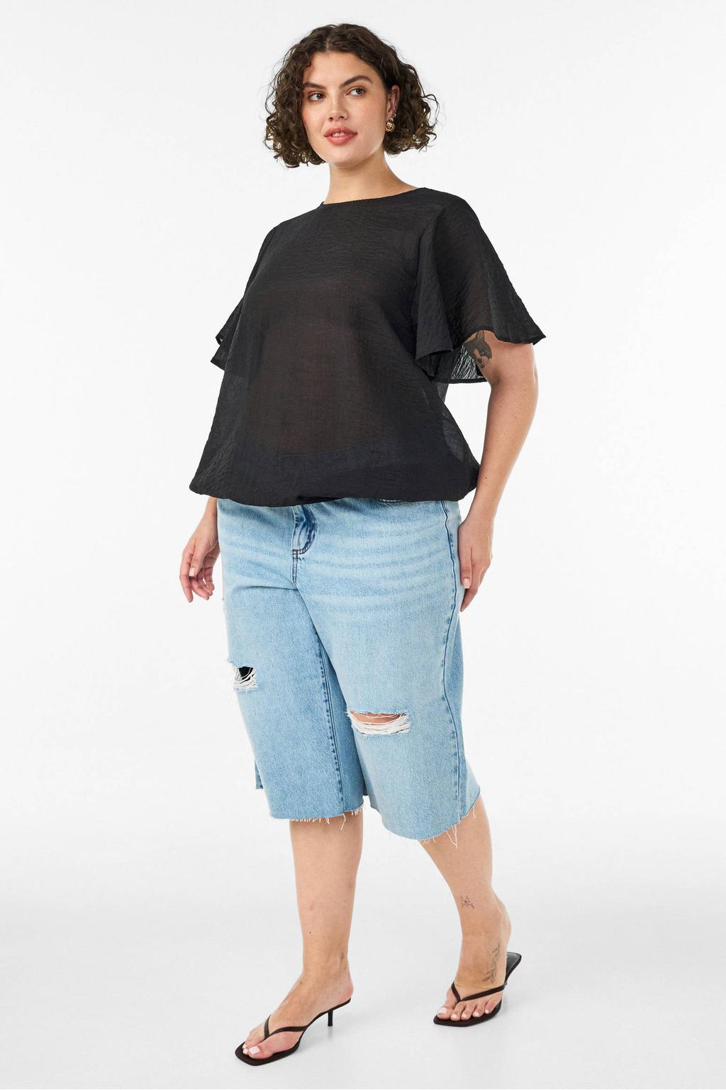 Zwarte dames Zizzi rechtvallend blousetop Plus Size van viscose met korte mouwen en knoopsluiting