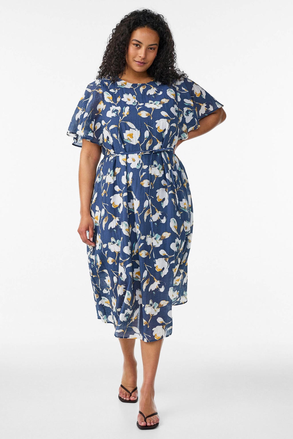 Blauwe dames Zizzi gebloemde midi jurk Plus Size van katoen met korte mouwen en knoopsluiting