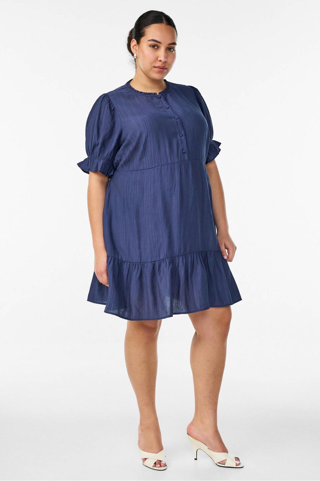 Donkerblauwe dames Zizzi viscose zomerblousejurk Plus Size met effen, korte mouwen en opstaande kraag