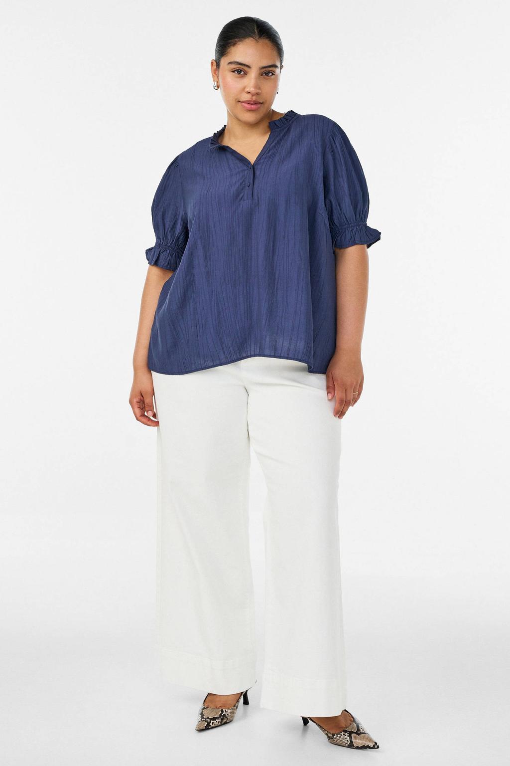 Donkerblauwe dames Zizzi blousetop Plus Size van viscose met effen en korte mouwen