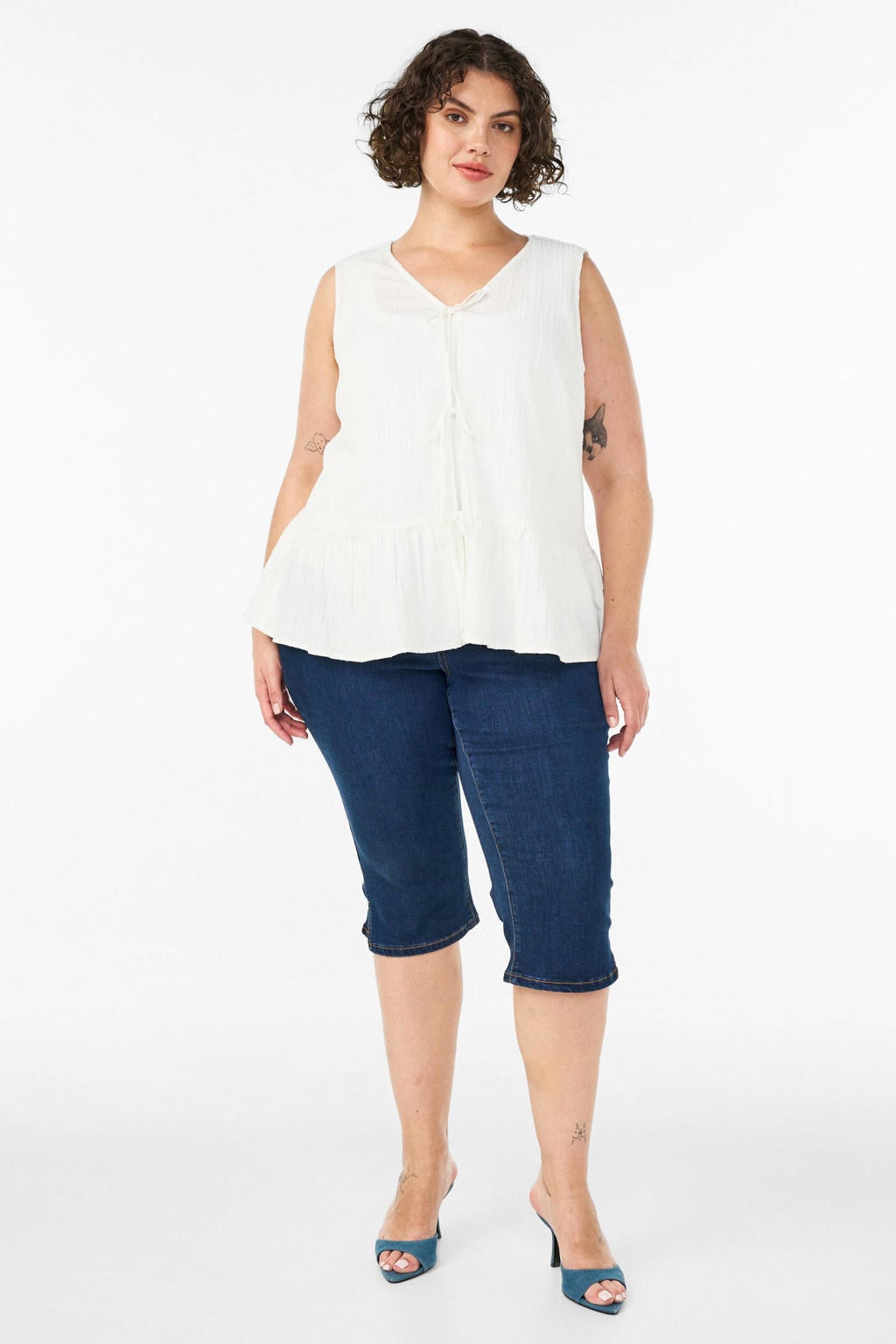 Witte dames Zizzi a-lijn gestreepte top Plus Size van viscose met effen en striksluiting