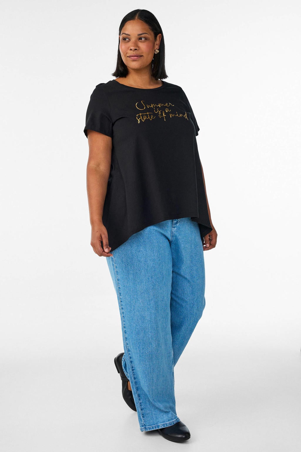 Zwart en gouden dames Zizzi T-shirt van katoen met tekst print, korte mouwen en ronde hals