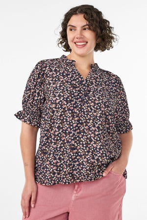 rechtvallend gebloemde blousetop Plus Size - donkerblauw