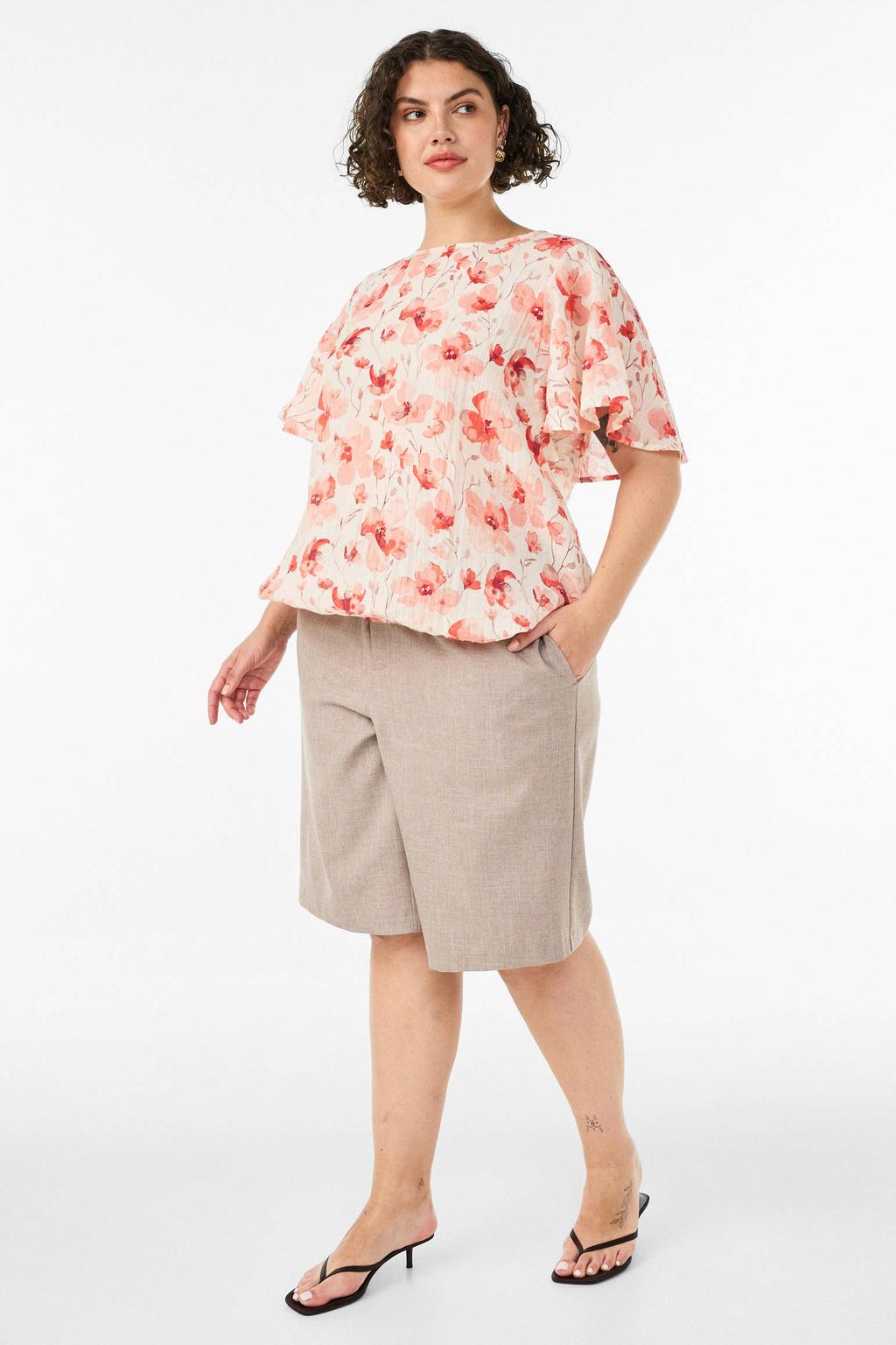 Ecru, oranje en rode dames Zizzi blousetop Plus Size van viscose met korte mouwen en knoopsluiting
