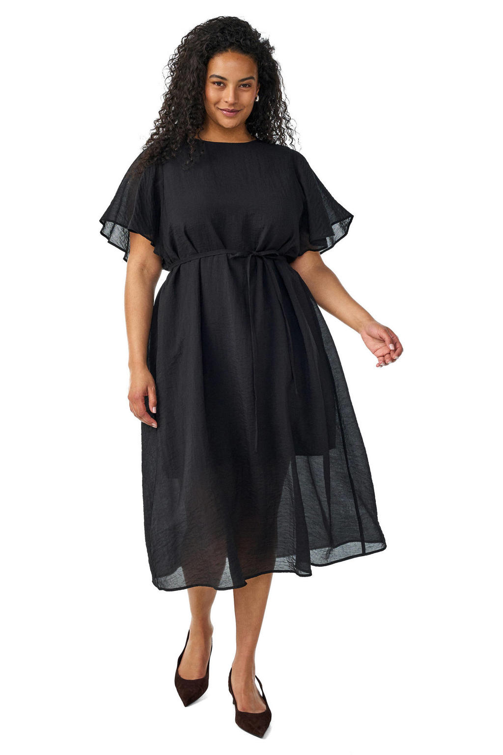Zwarte dames Zizzi midi jurk Plus Size van katoen met effen, korte mouwen en knoopsluiting