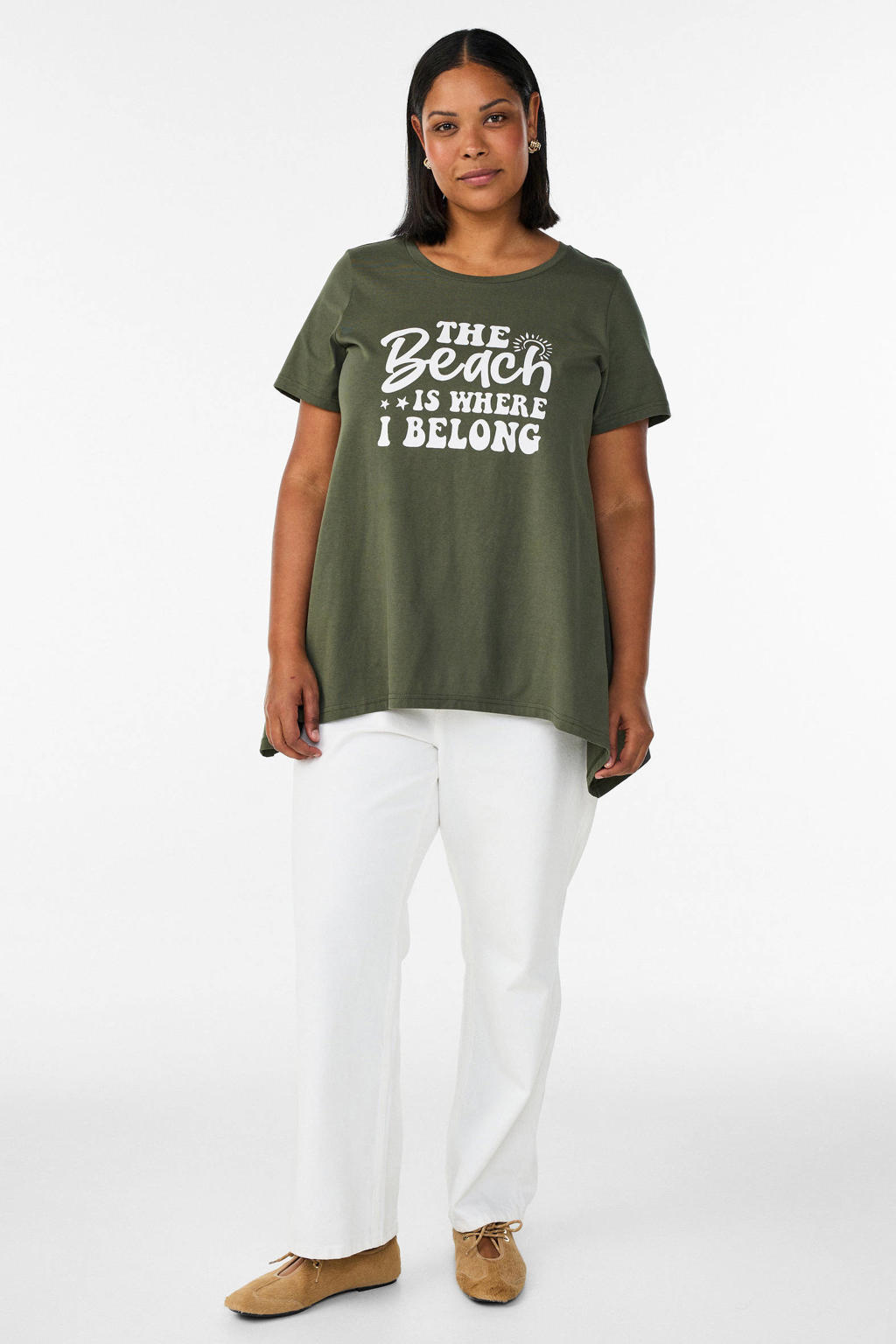Donkergroene dames Zizzi T-shirt van katoen met tekst print, korte mouwen en ronde hals