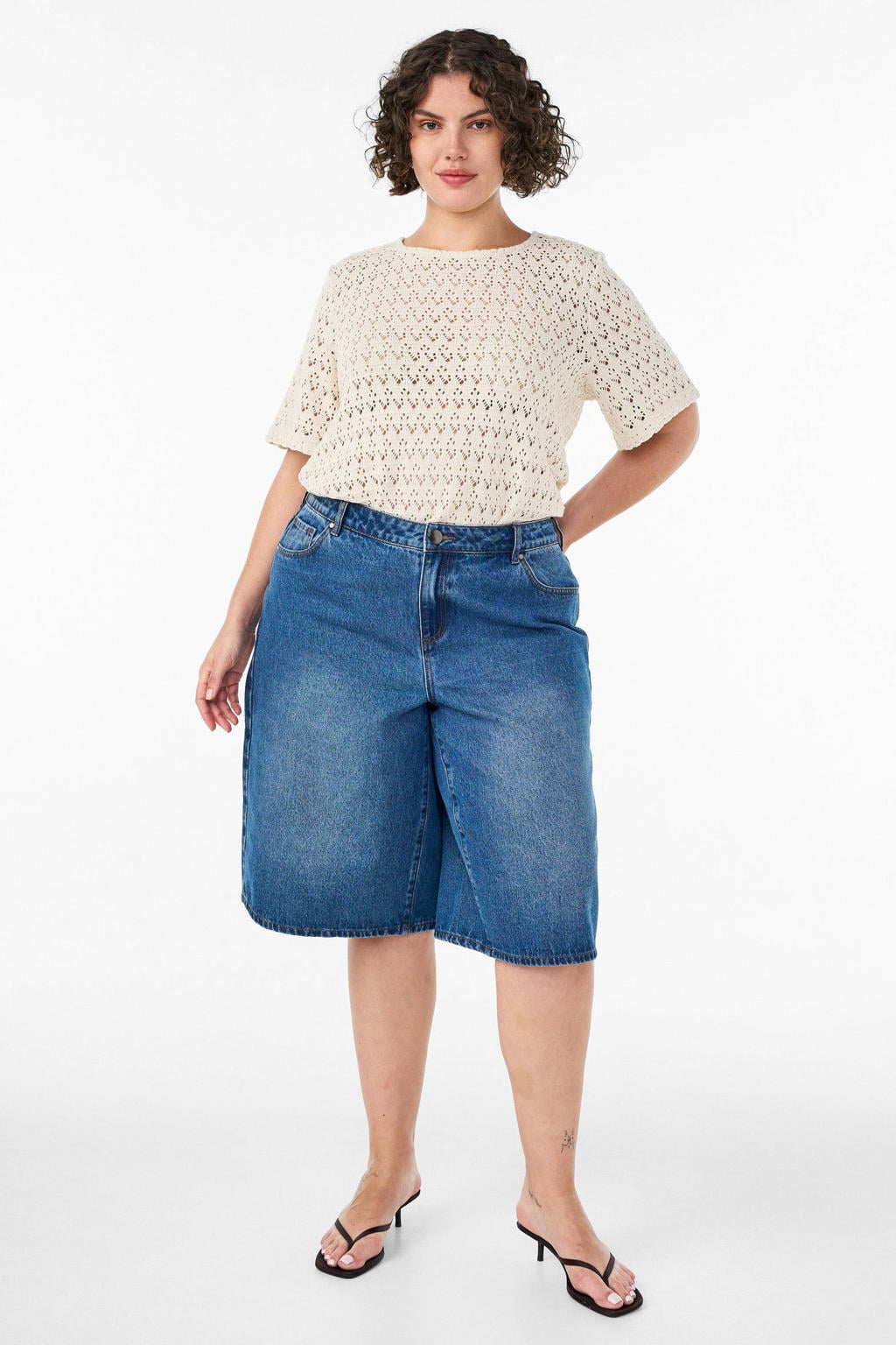 Ecru dames Zizzi top grof gebreid van polyester met effen, korte mouwen en crochet