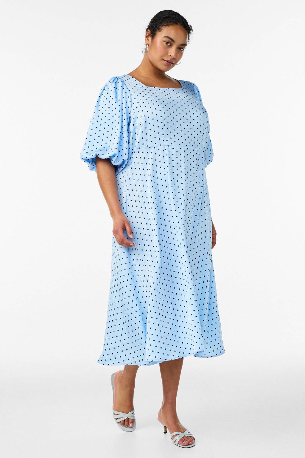 Lichtblauw en zwarte dames Zizzi A-lijn jurk van polyester met stippenprint, korte mouwen en ronde hals