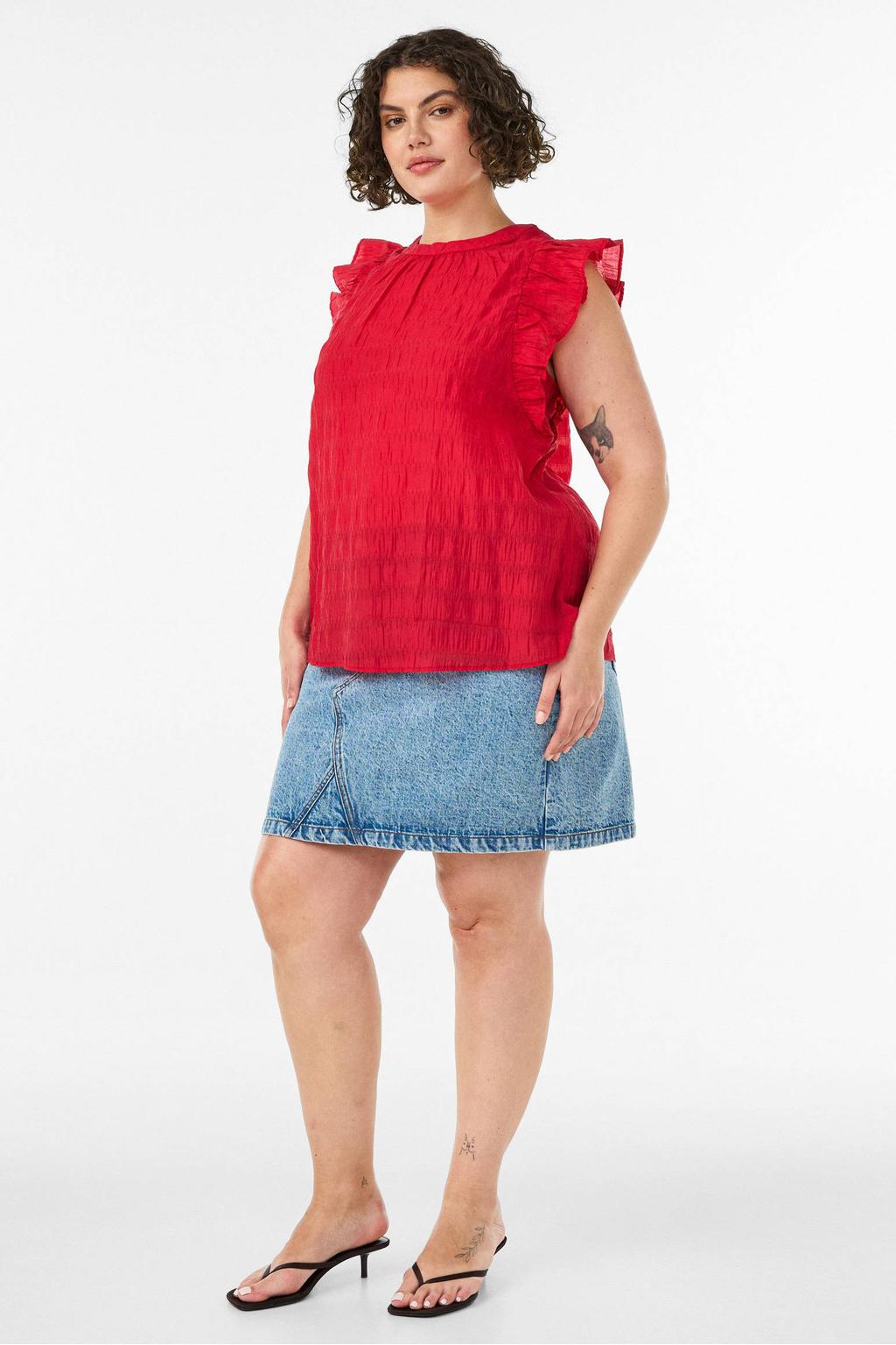 Rode dames Zizzi rechtvallend blousetop Plus Size van lyocell met effen, korte mouwen en plooien