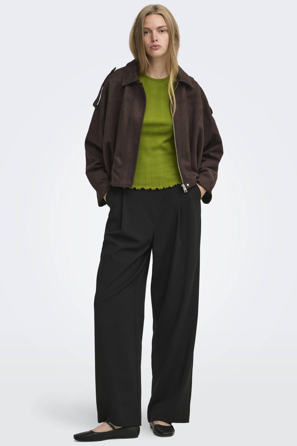 Groene dames ONLY T-shirt van polyester met effen, korte mouwen en ronde hals
