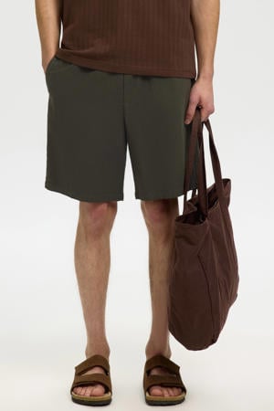 linnen regular fit korte broek - donkerbruin