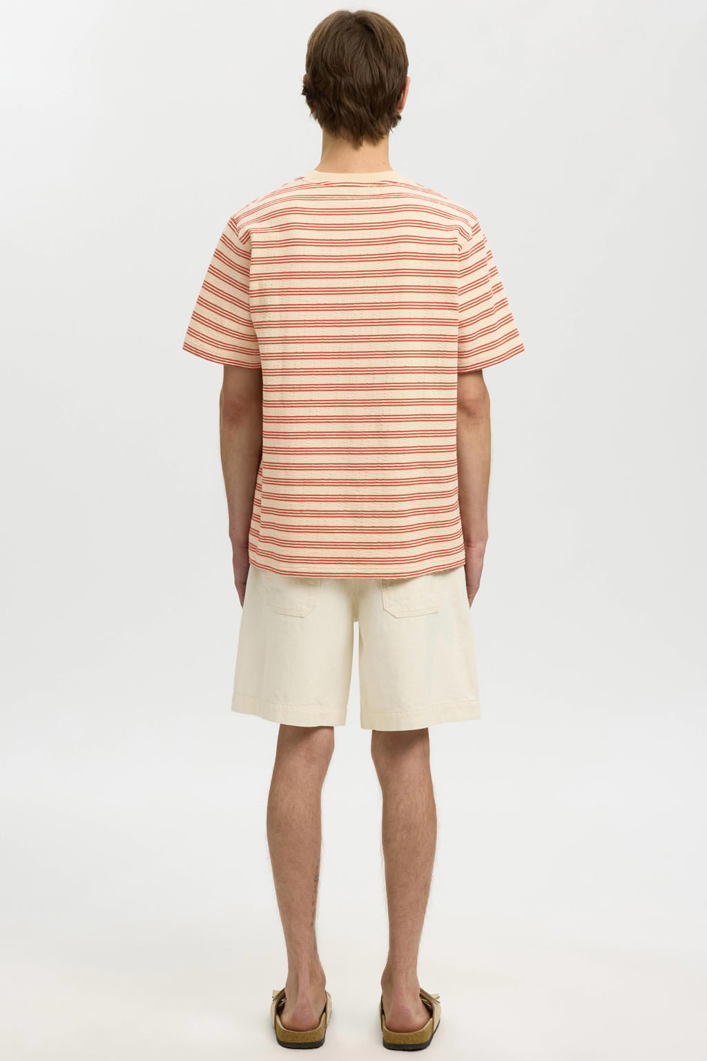 Brique heren Selected regular gestreept T-shirt seersucker van katoen met korte mouwen en ronde hals