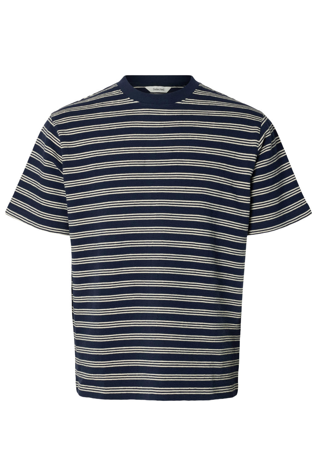 Donkerblauwe heren Selected regular gestreept T-shirt seersucker van katoen met korte mouwen en ronde hals