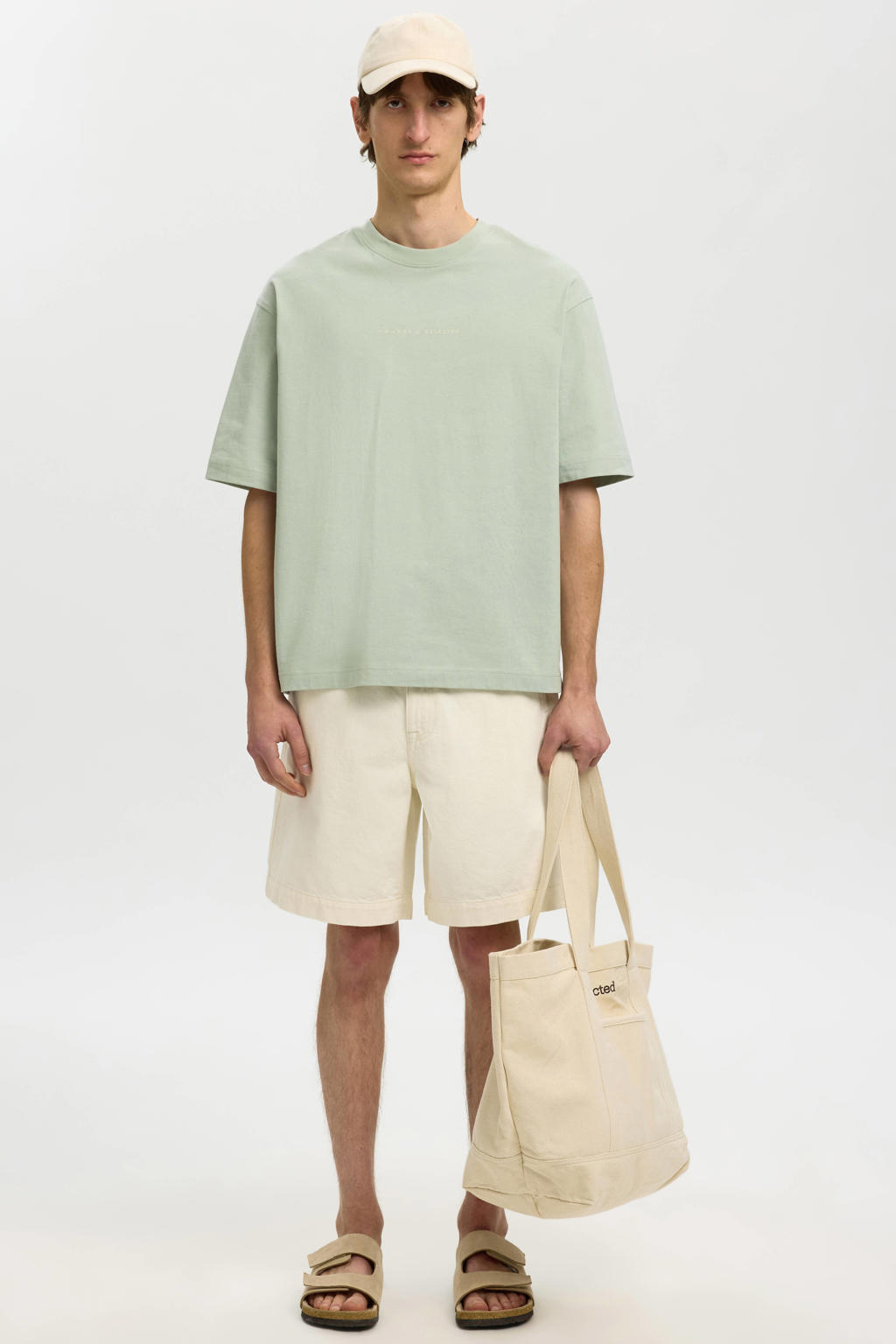 Groene heren Selected relaxed T-shirt van katoen met backprint, korte mouwen en ronde hals