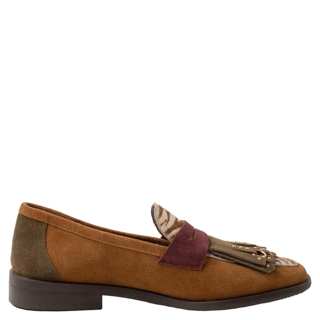 Cognackleurige dames Lazamani Lola leren loafers met franjes - van suède