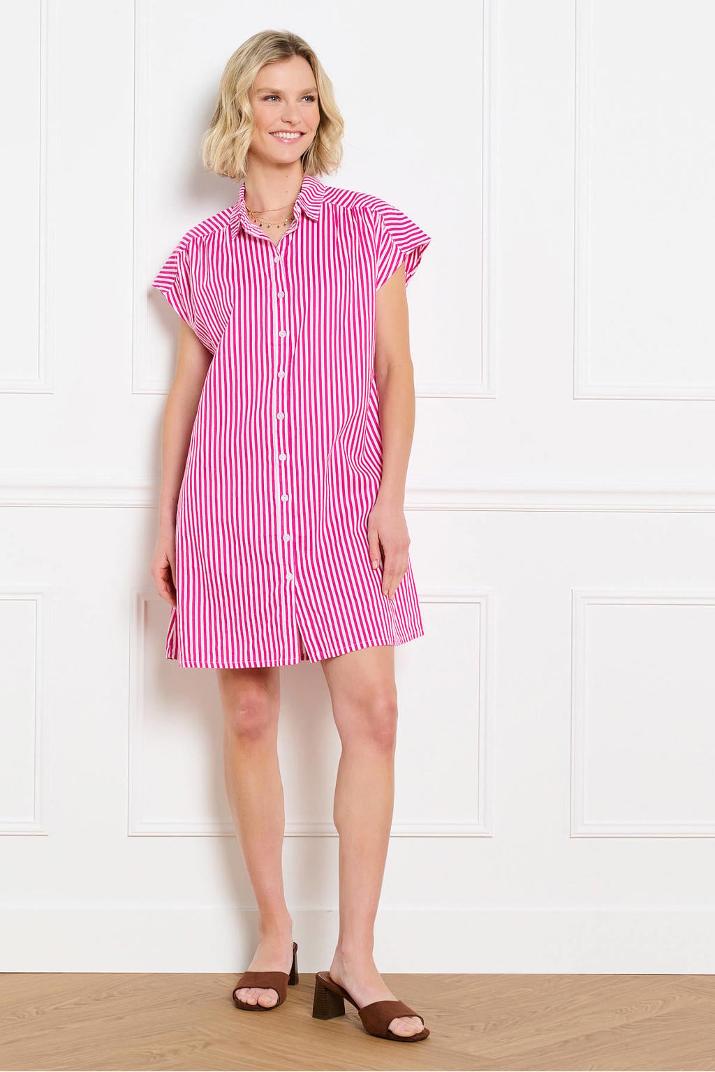 Roze en ecru dames LOLALIZA linnen gestreepte blousejurk met korte mouwen, klassieke kraag en knoopsluiting