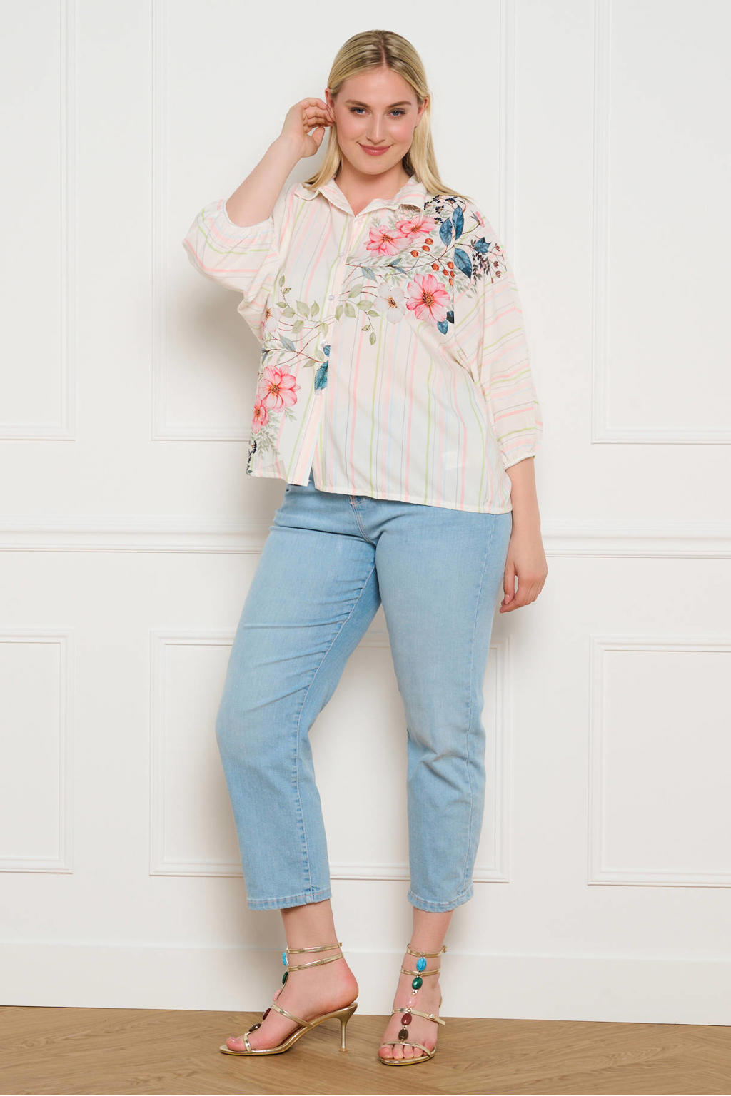 Ecru en multikleurige dames LOLALIZA gestreepte blouse van polyester met driekwart mouwen, klassieke kraag en knoopsluiting