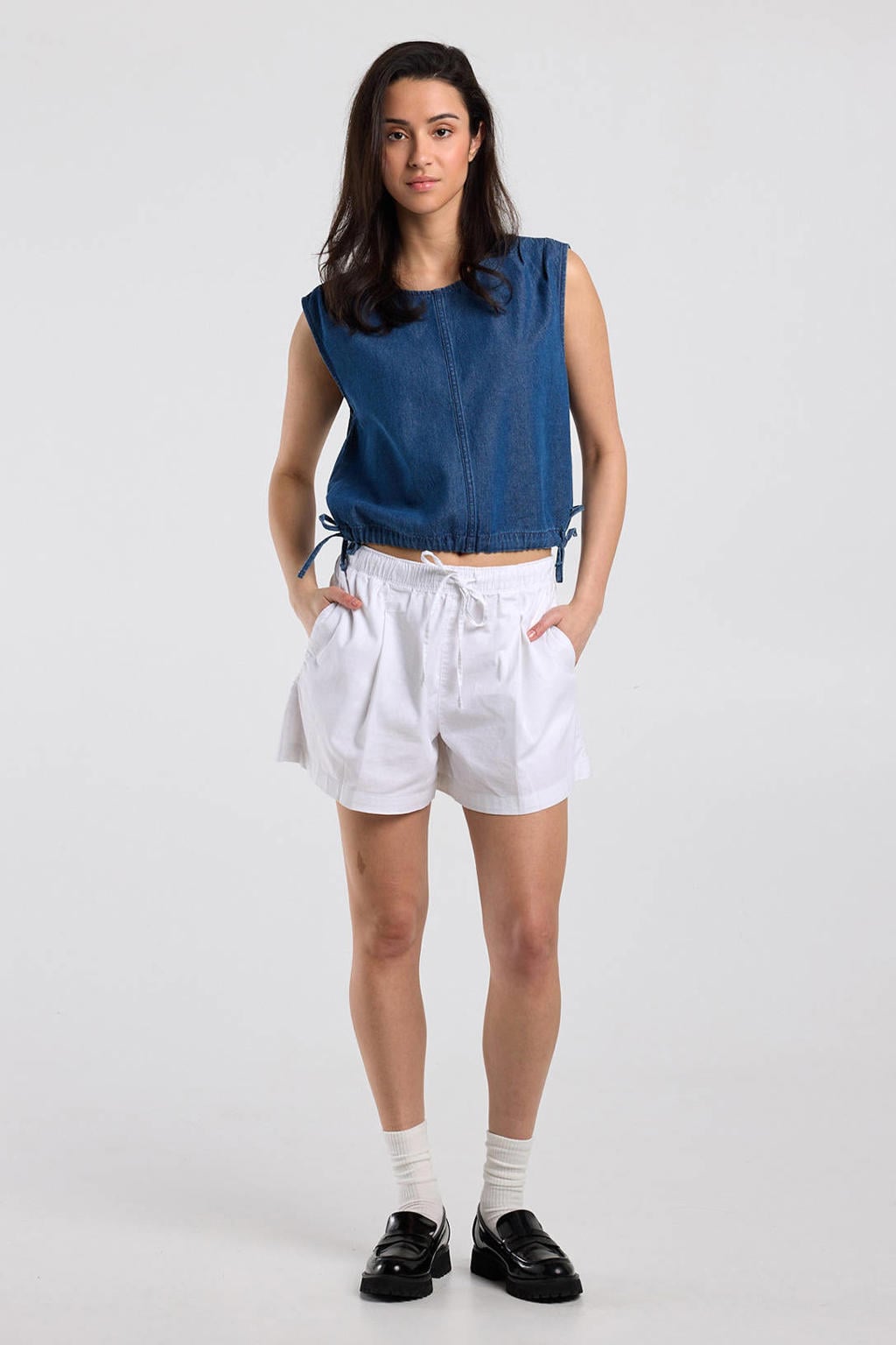 Ecru dames America Today regular waist casual short van katoen met elastische tailleband met koord en effen