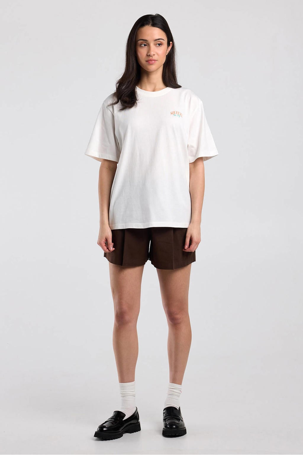 Bruine dames America Today regular waist casual short van katoen met elastische tailleband met koord en effen