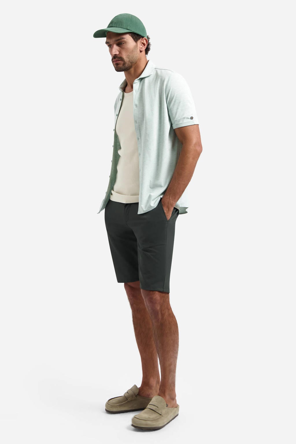 Lichtgroene heren No Excess regular casual overhemd van viscose met melée print, korte mouwen, klassieke kraag en knoopsluiting