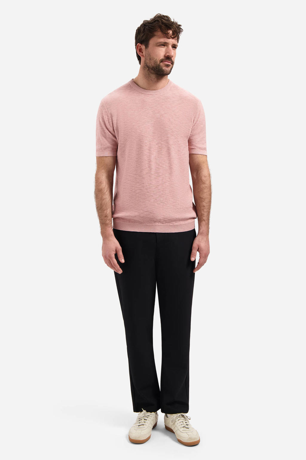 Roze heren No Excess regular T-shirt fijn gebreid van katoen met melée print, korte mouwen en ronde hals