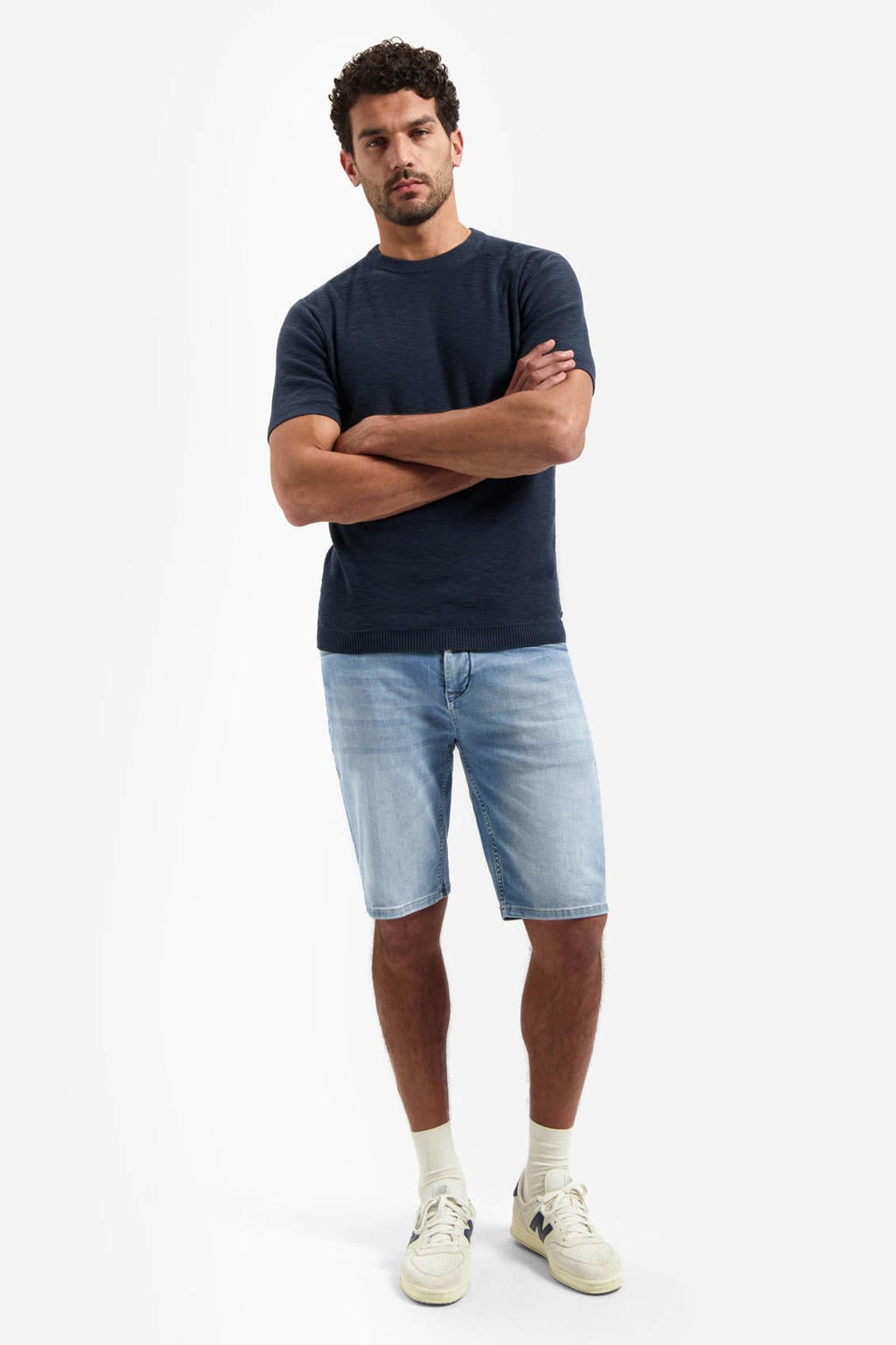Donkerblauwe heren No Excess regular T-shirt fijn gebreid van katoen met melée print, korte mouwen en ronde hals