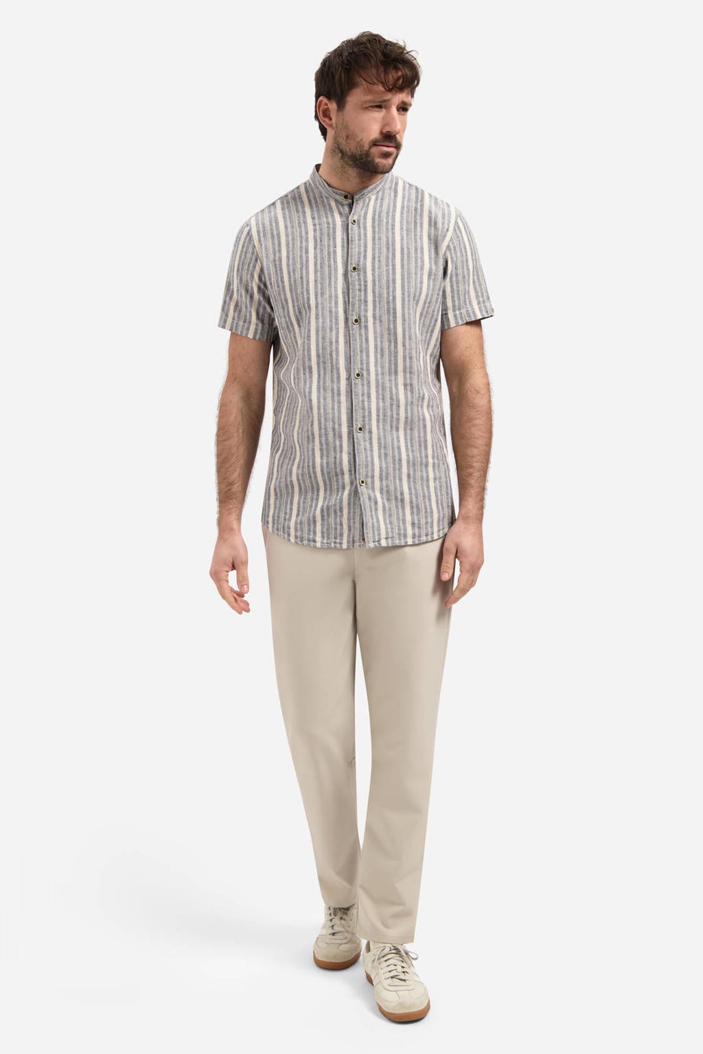 Grijsblauwe heren No Excess regular gestreept casual overhemd blauw van linnen met korte mouwen, mao kraag en knoopsluiting
