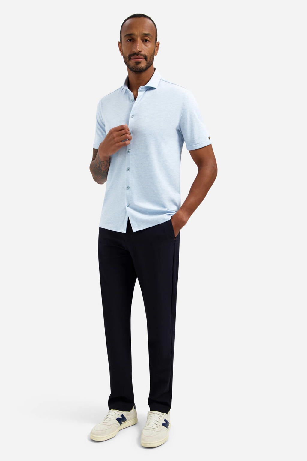 Lichtblauwe heren No Excess regular casual overhemd van viscose met melée print, korte mouwen, klassieke kraag en knoopsluiting