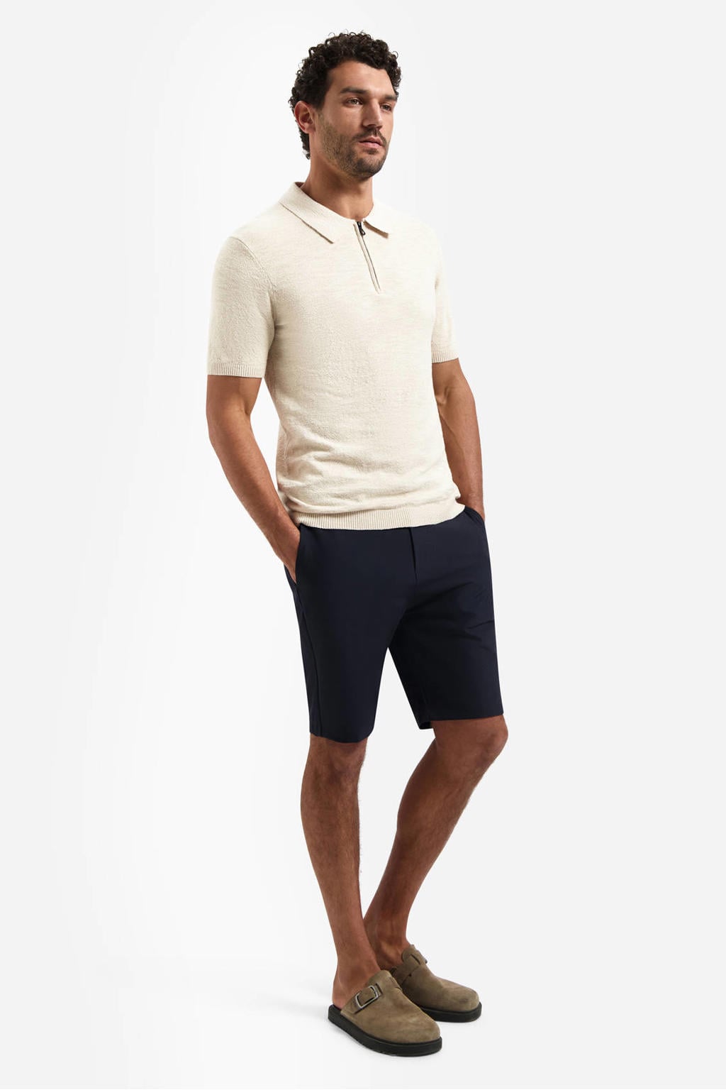 Beige heren No Excess regular polo fijn gebreid van katoen met melée print, korte mouwen en halve rits