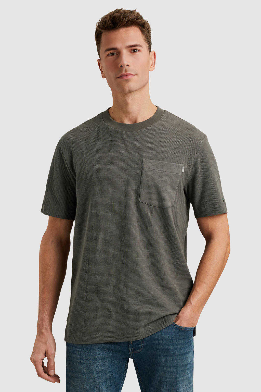 Antraciete heren Cast Iron regular T-shirt van katoen met backprint en korte mouwen
