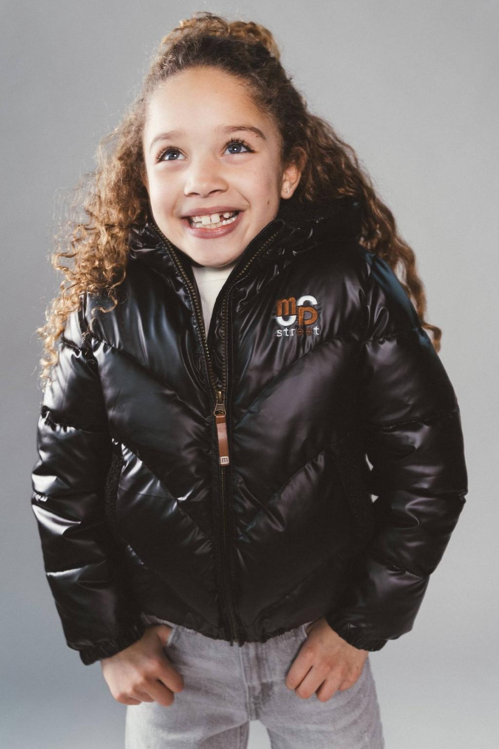 Zwarte meisjes Moodstreet gewatteerde winterjas van polyester met effen, lange mouwen, capuchon en ritssluiting