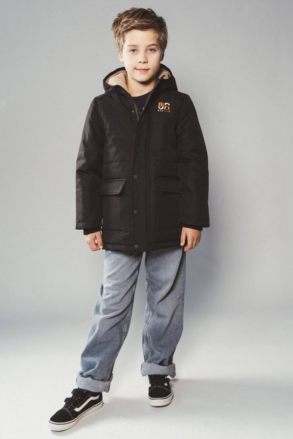 Zwarte jongens Moodstreet winterparka van polyester met effen, lange mouwen, capuchon, ritssluiting en geribde boorden