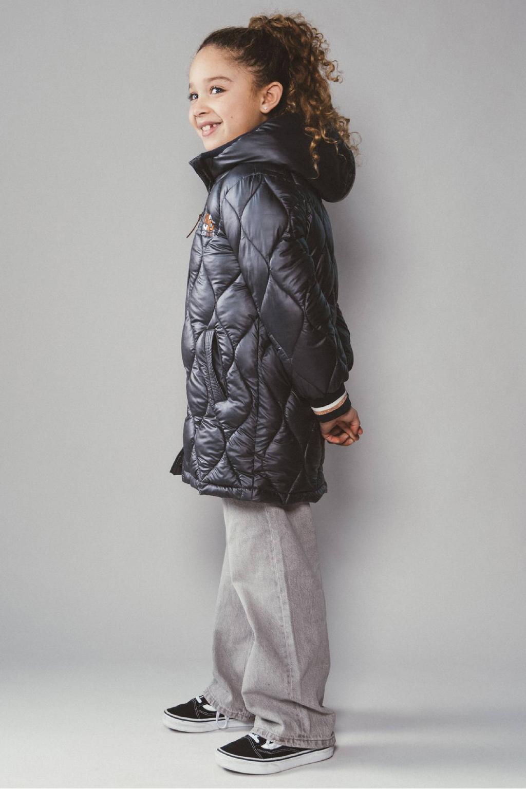 Donkerblauwe meisjes Moodstreet quilted winterjas van polyester met effen, lange mouwen, capuchon, ritssluiting en doorgestikte details