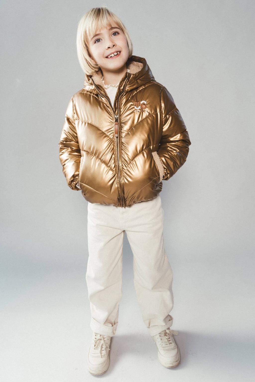 Gouden meisjes Moodstreet gewatteerde winterjas van polyester met effen, lange mouwen, capuchon, ritssluiting en glimmend detail