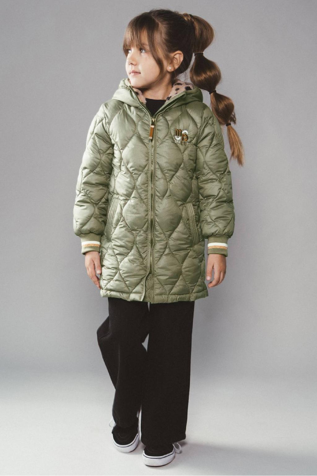 Groene meisjes Moodstreet quilted winterjas van polyester met effen, lange mouwen, capuchon, ritssluiting en doorgestikte details