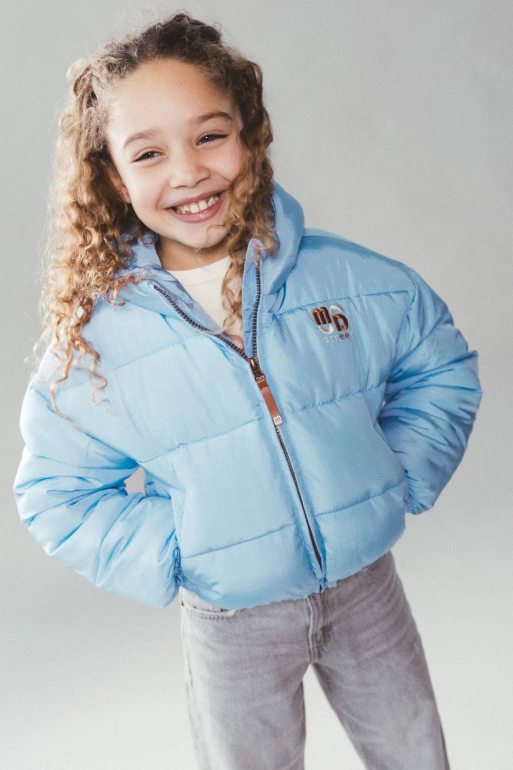 Lichtblauwe meisjes Moodstreet gewatteerde winterjas van polyamide met effen, lange mouwen, capuchon en ritssluiting