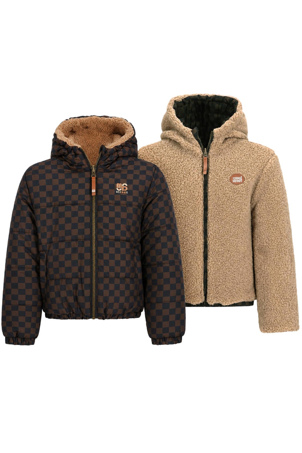 Bruine jongens Moodstreet geruite teddy winterjas van polyester met effen, lange mouwen, capuchon, ritssluiting en reversible detail