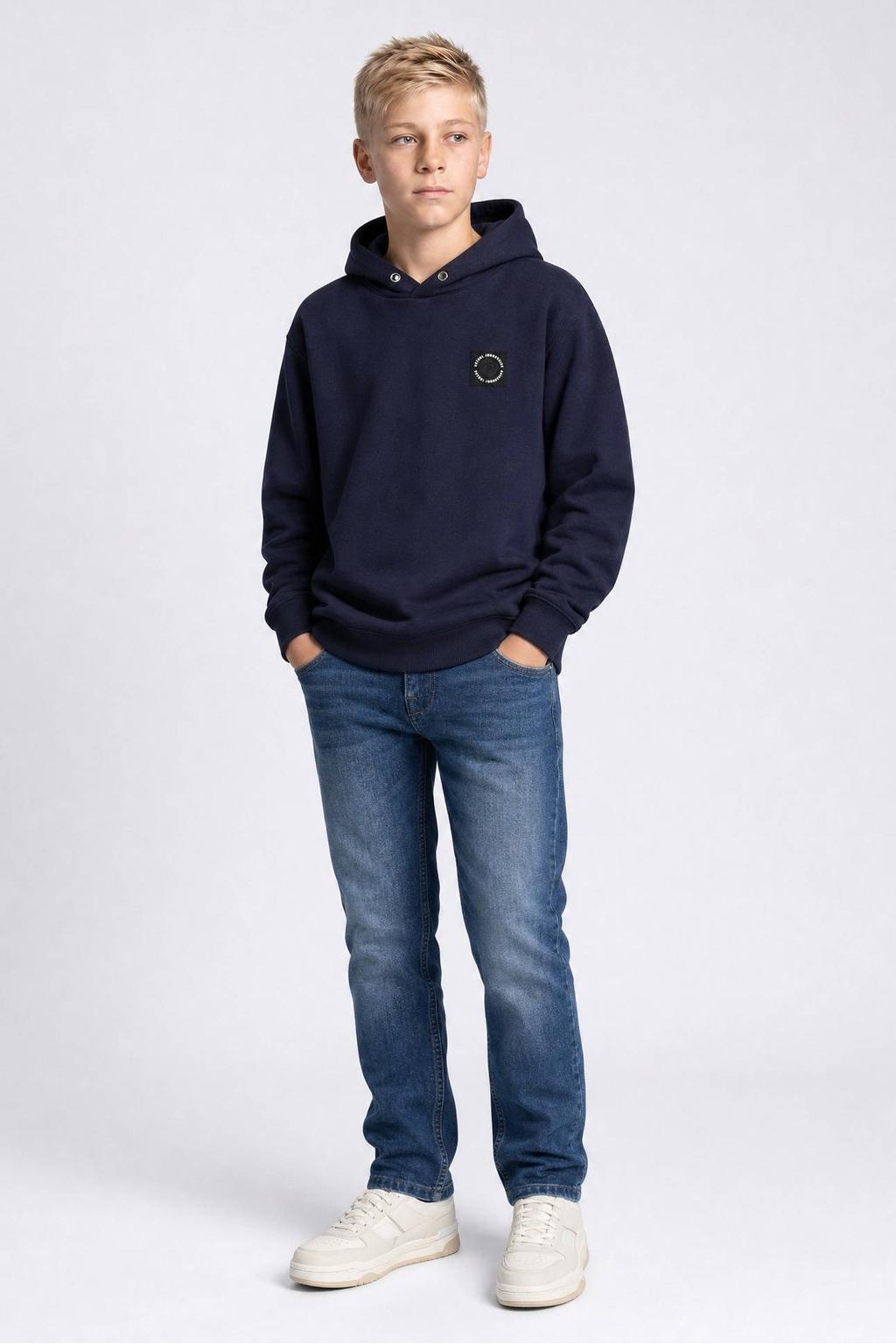 Donkerblauwe jongens Petrol Industries hoodie van sweat materiaal met logo dessin, lange mouwen en capuchon