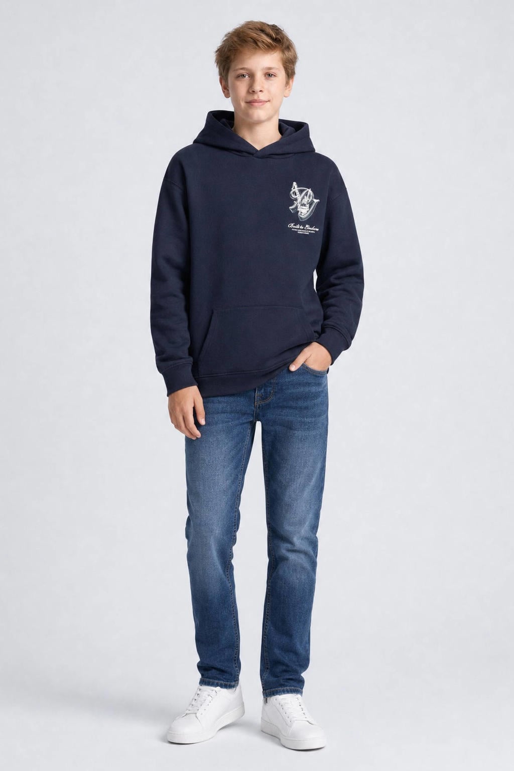 Donkerblauwe jongens Petrol Industries hoodie van katoen met backprint, lange mouwen en capuchon