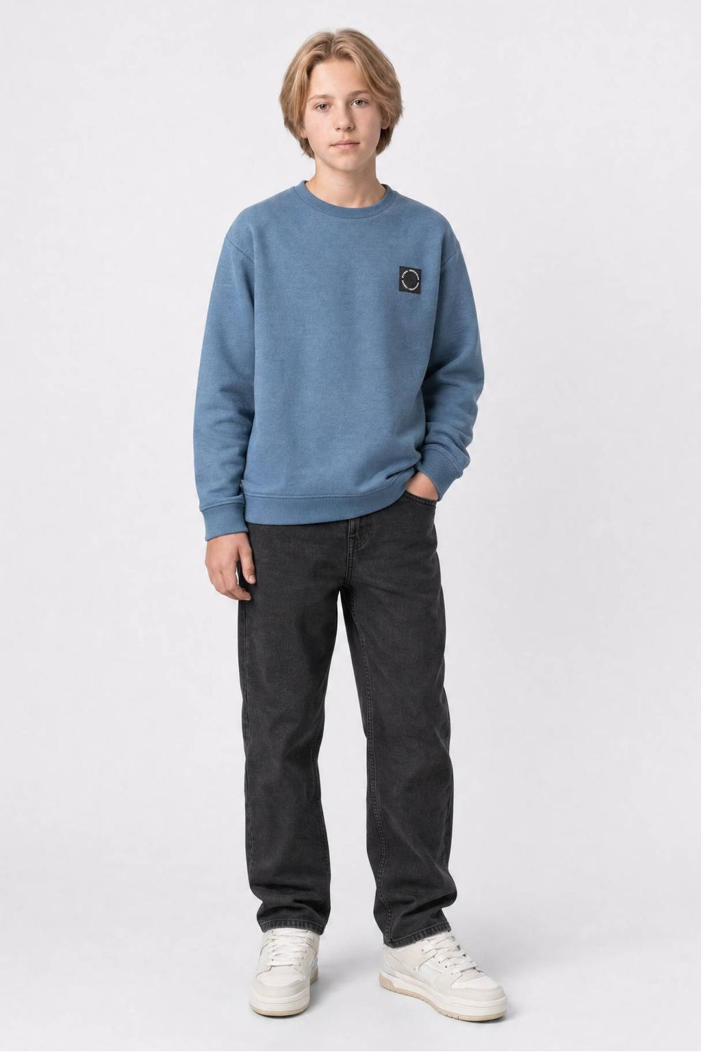 Blauwe jongens Petrol Industries sweater van katoen met logo dessin, lange mouwen, ronde hals en geribde boorden
