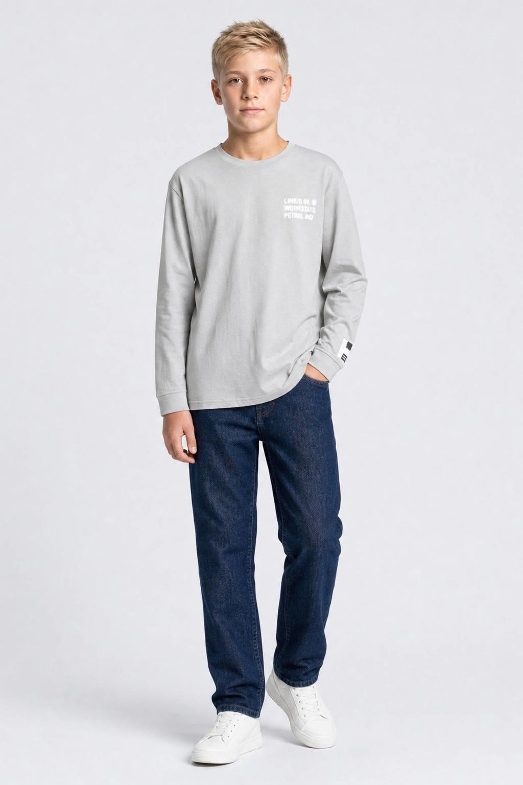 Grijze jongens Petrol Industries longsleeve van katoen met backprint, lange mouwen en ronde hals