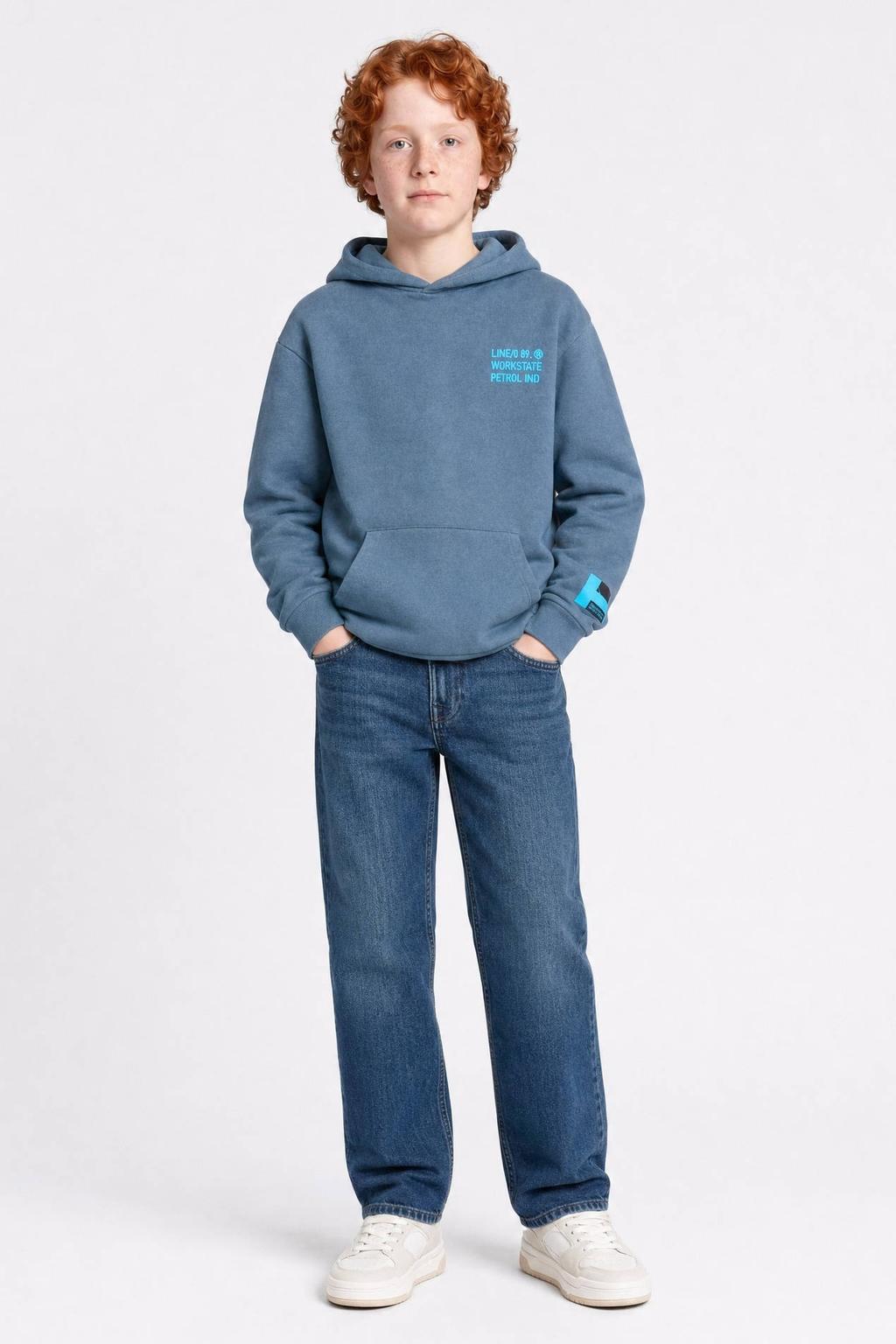 Blauwe jongens Petrol Industries hoodie van sweat materiaal met backprint, lange mouwen en capuchon