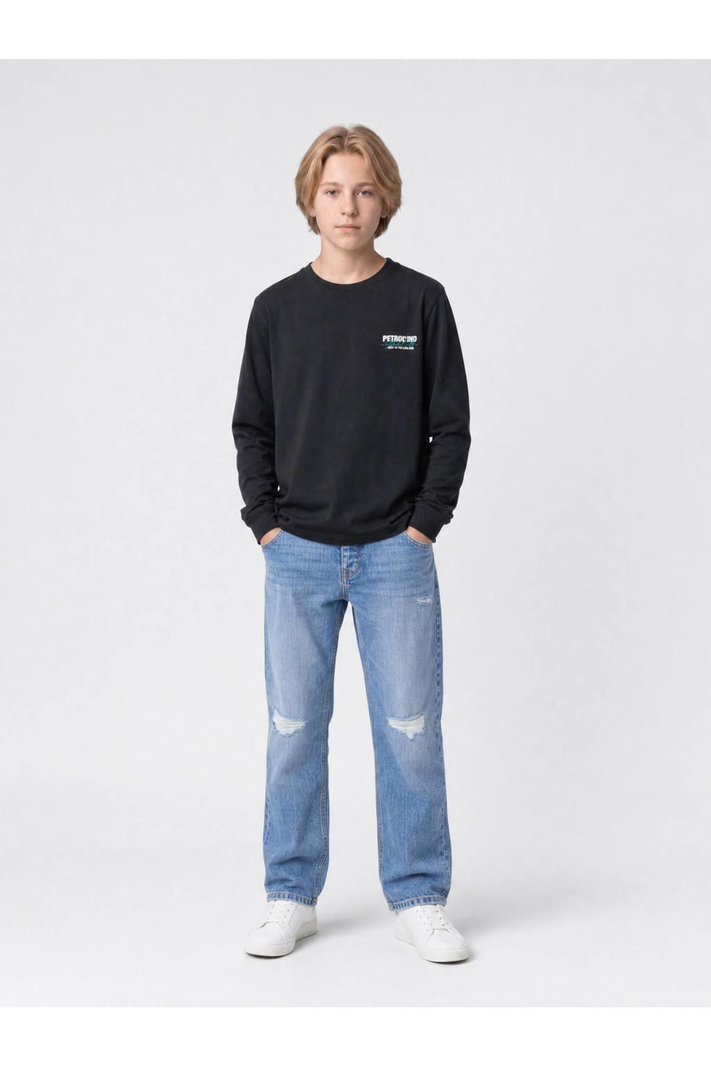 Zwarte jongens Petrol Industries longsleeve van katoen met backprint, lange mouwen en ronde hals