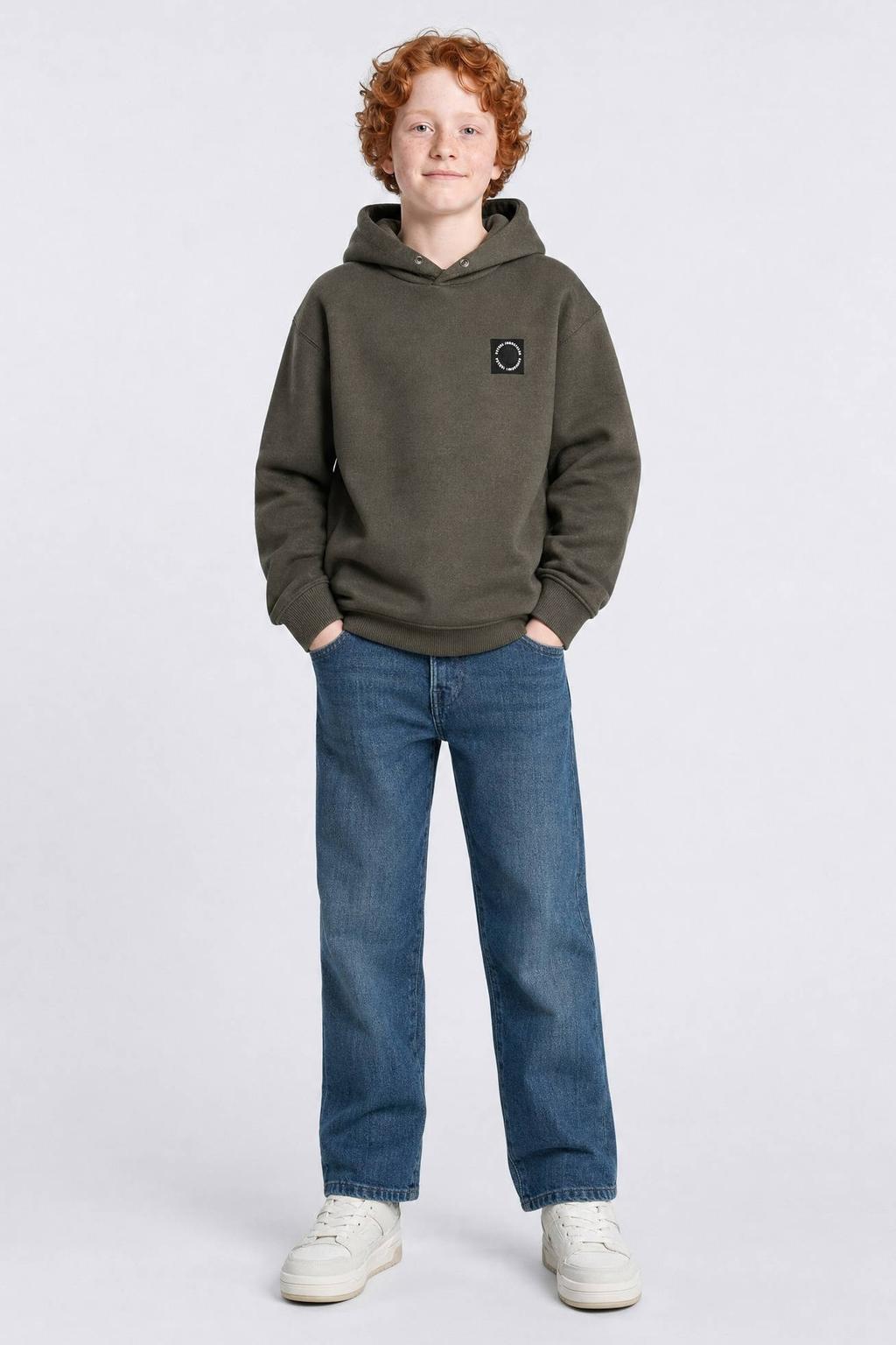 Kakikleurige jongens Petrol Industries hoodie van sweat materiaal met logo dessin, lange mouwen en capuchon
