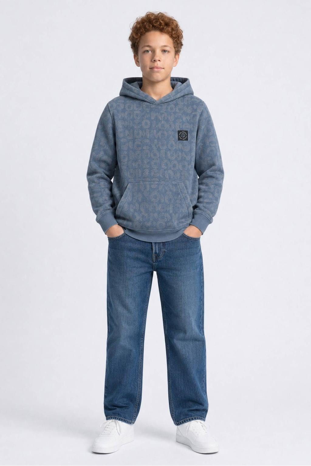 Blauwe jongens Petrol Industries hoodie van sweat materiaal met logo dessin, lange mouwen en capuchon