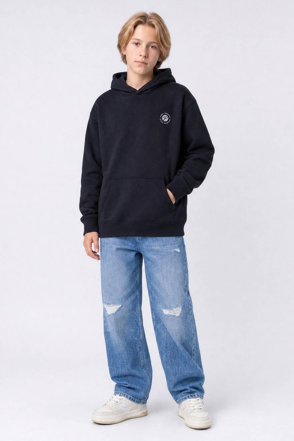 Zwarte jongens Petrol Industries hoodie van sweat materiaal met backprint, lange mouwen en capuchon