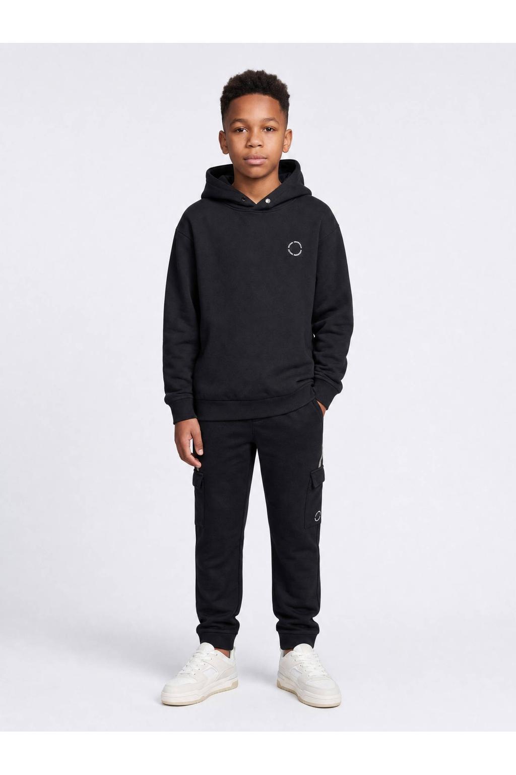 Zwarte jongens Petrol Industries relaxed fit cargobroek van sweat materiaal met regular waist, elastische tailleband met koord en effen