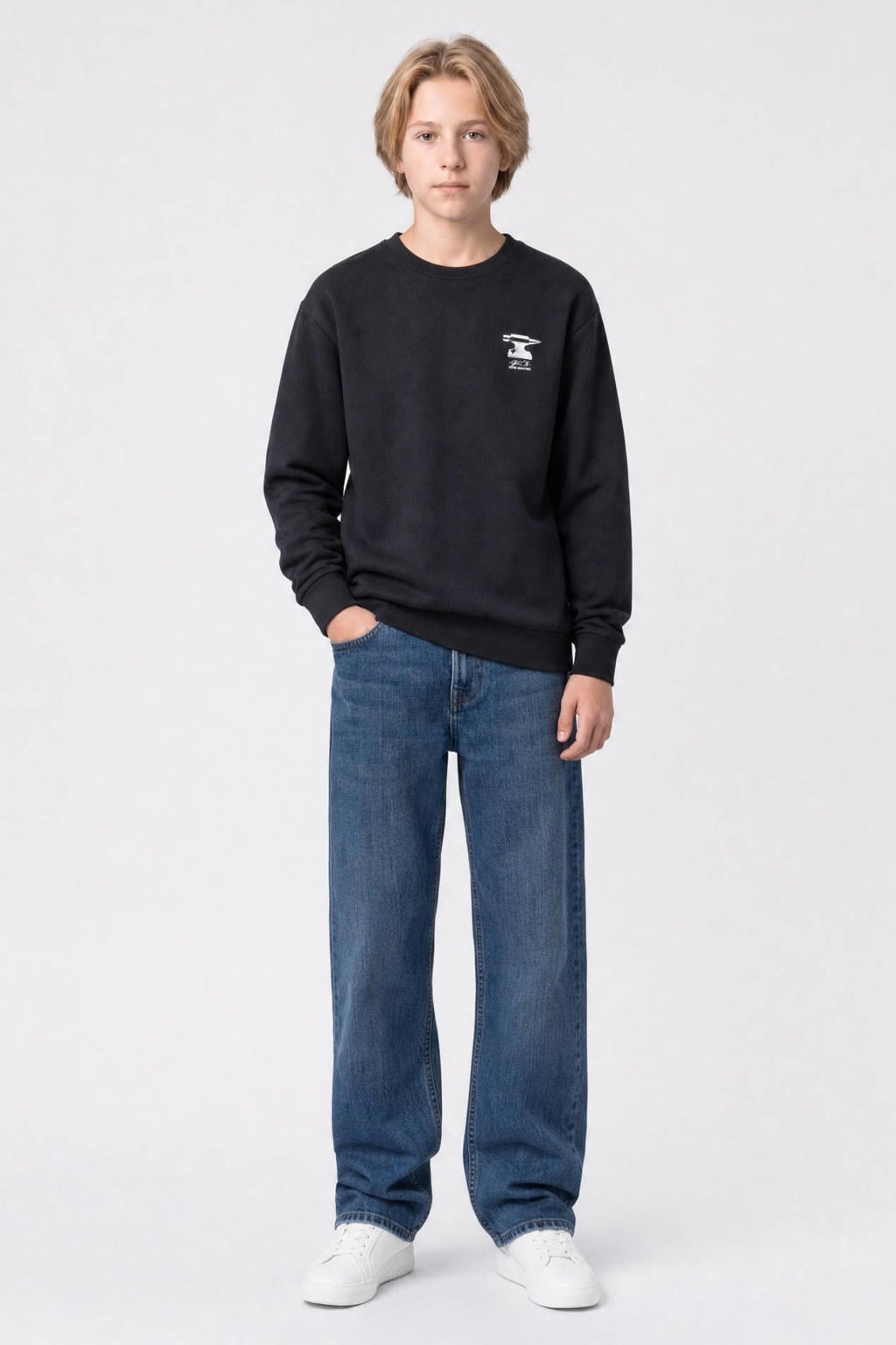 Zwarte jongens Petrol Industries sweater met backprint, lange mouwen, ronde hals en geribde boorden