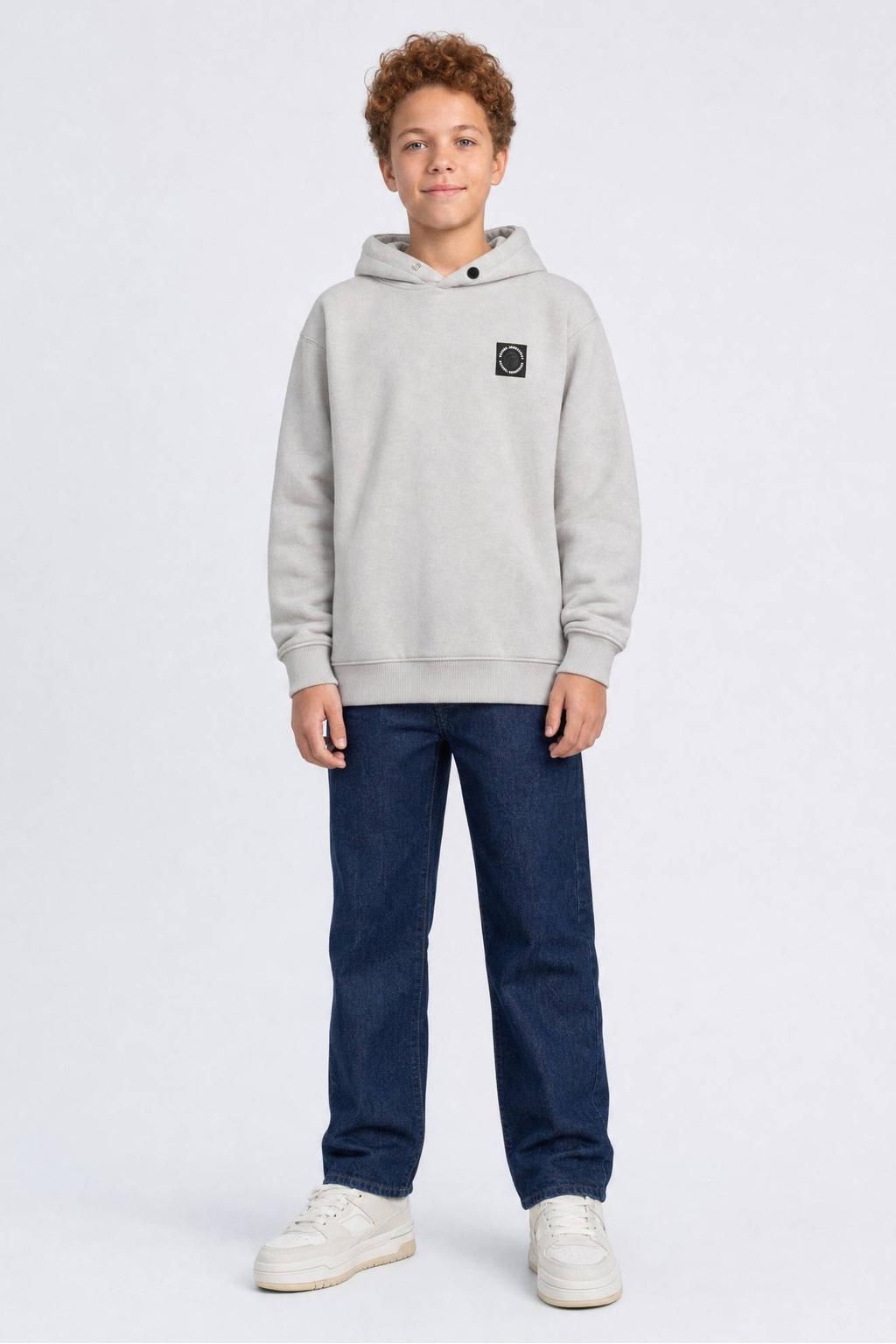 Lichtgrijze jongens Petrol Industries hoodie van sweat materiaal met logo dessin, lange mouwen en capuchon